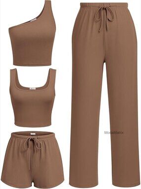 4 Piece Lounge Set Ribbed Knit Crop Top Shorts Pants Pajama